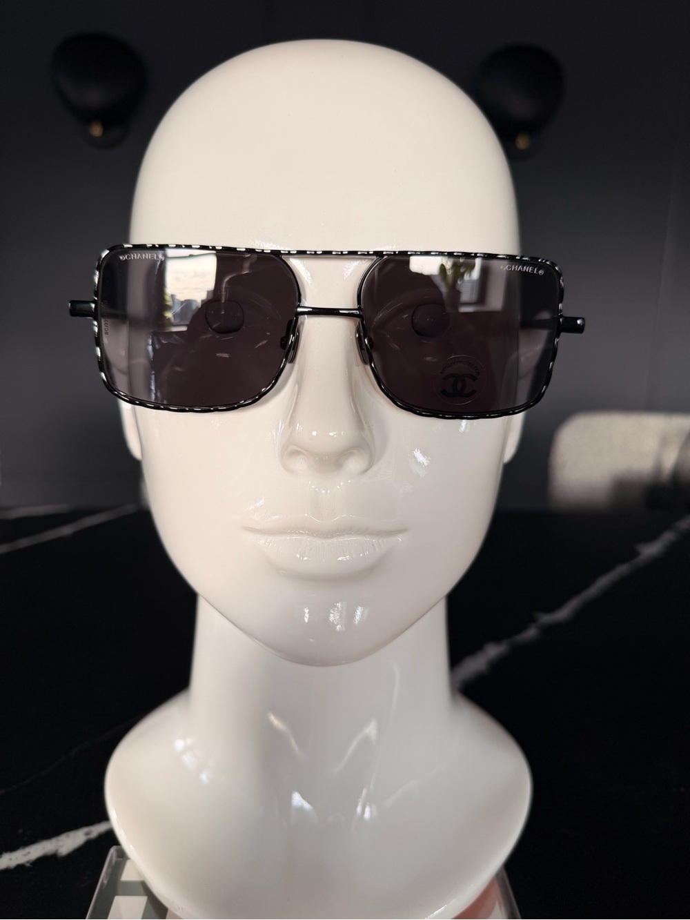 CHANEL Black and Silver Square Aviator Sunglasses
